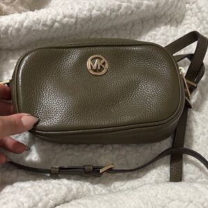 Michael Kors Olive Pebbled Leather Crossbody with Gold MK Emblem